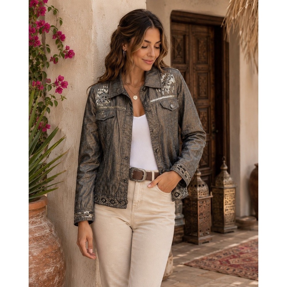 Chico's Bronze Metallic Sequin Beaded Jacket Women's Size 2 Boho Western